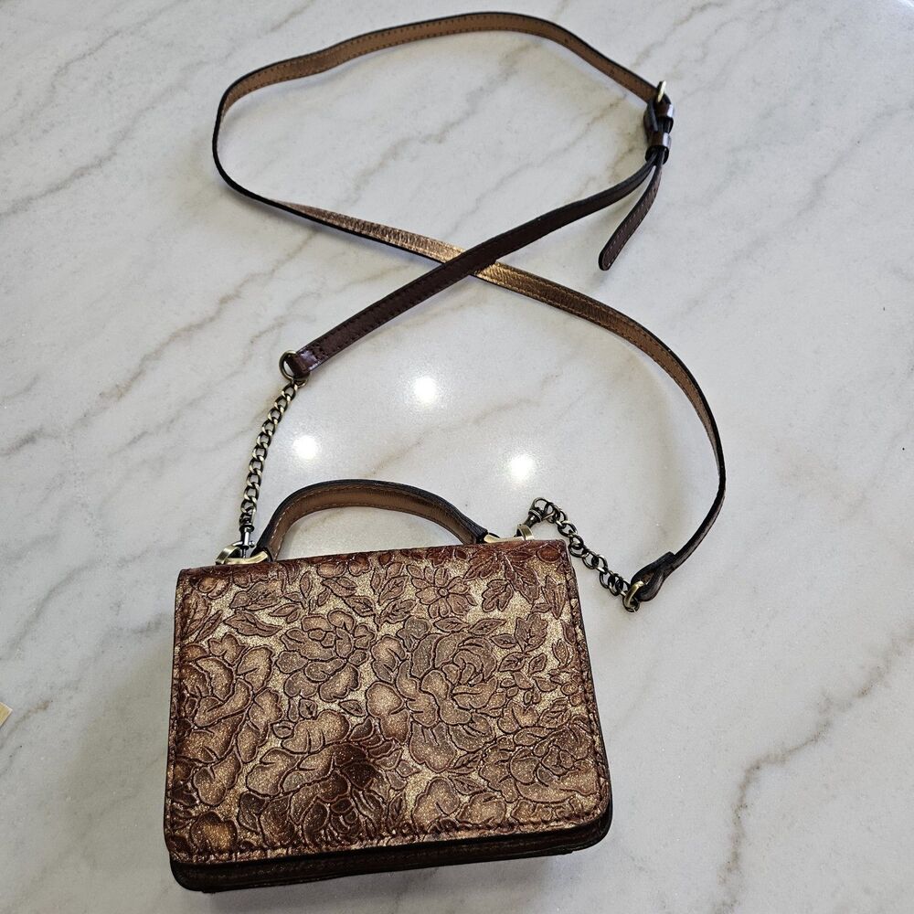 Patricia Nash Floral/Gold Embossed Leather Crossbody Bag with Chain Strap